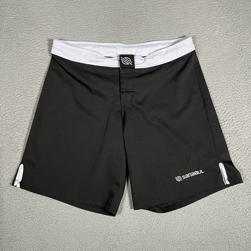 Sanabul Shorts Mens 38 Black No Gi Jiu Jitsu MMA‎ Drawstring Board Stretch Logo